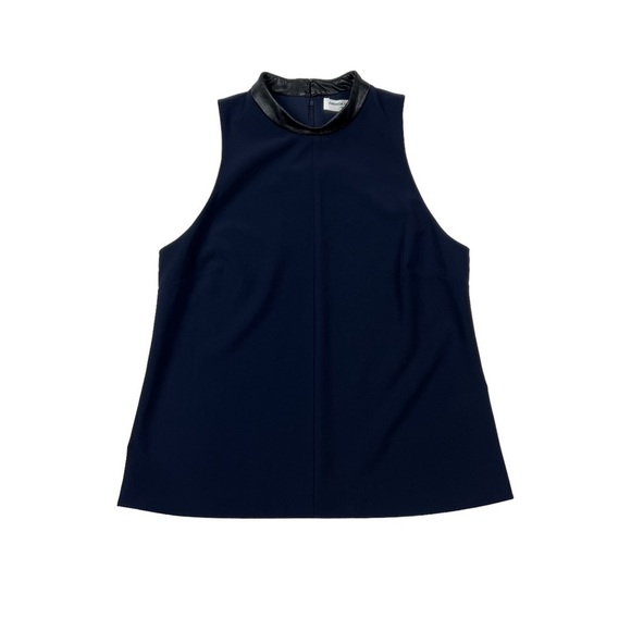 Amanda Uprichard Tops - Amanda Uprichard Navy Black Faux Leather Trim High Neck Tank Top